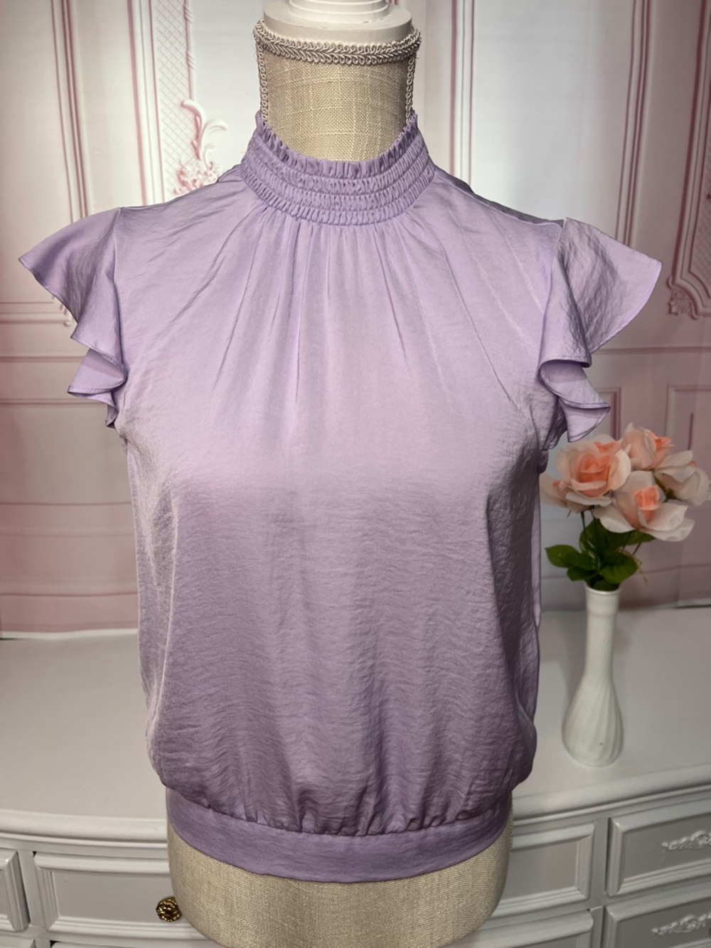 Lavender Express Silk Style Sleeveless Smocked Neck Flutter Sleeve blouse